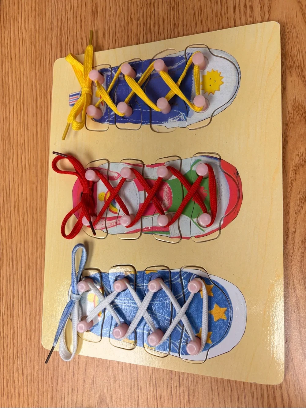 Wooden Shoe Lacing Board for Kids - Yellow, Red, Blue Laces